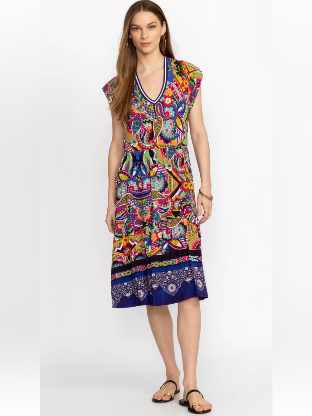 Johnny Was The Janie Favorite Demarne Tiered Tea Length Dress Colorful Sz Medium